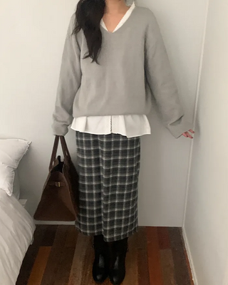Wool check long skirt