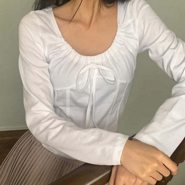 Shirred Ribbon Long-Sleeve T-Shirt