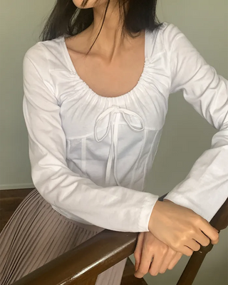 Shirred Ribbon Long-Sleeve T-Shirt