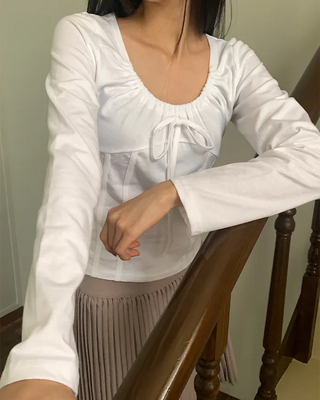 Shirred Ribbon Long-Sleeve T-Shirt