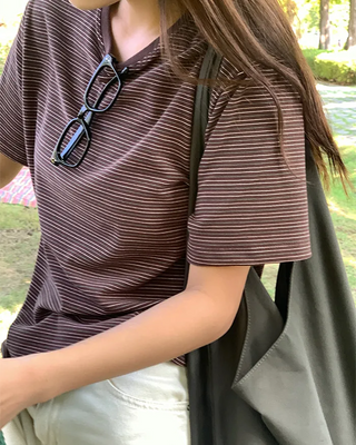 Peach brushed striped short-sleeved T-shirt