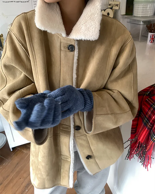 Reversible suede shearling coat