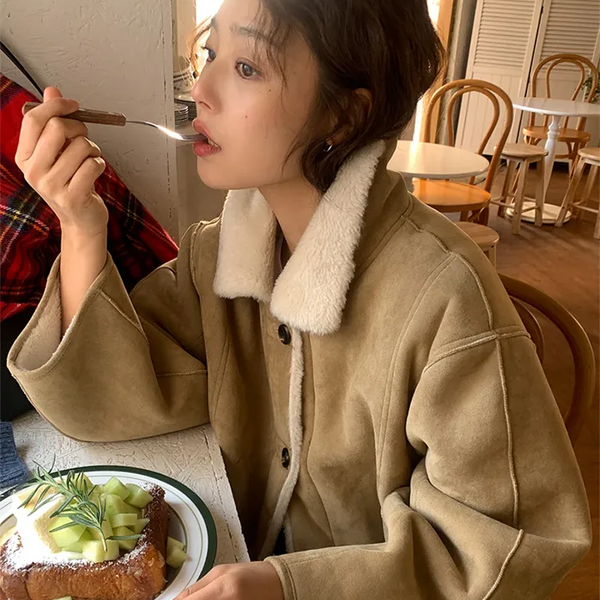 Reversible suede shearling coat