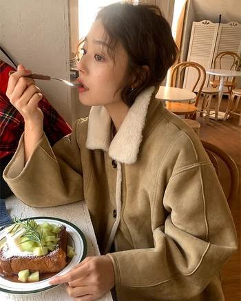 Reversible suede shearling coat