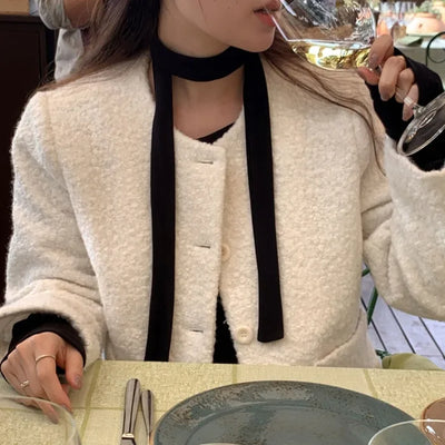 Cropped short collarless tweed boucle jacket