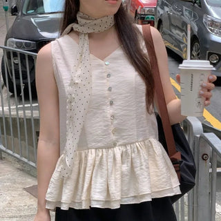 V-neck frill sleeveless blouse