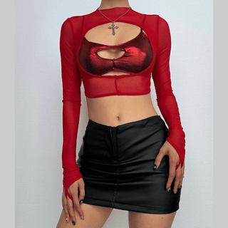 Long sleeve high neck hollow out gloves crop cut out top
