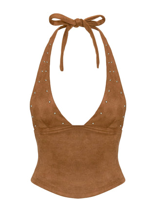Upgraded Stud Detail Faux Suede Top Brown