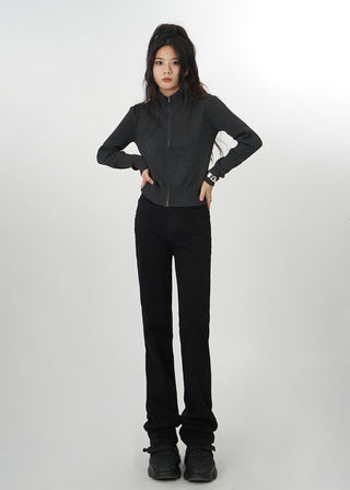 Gray zipper knitted cardigan