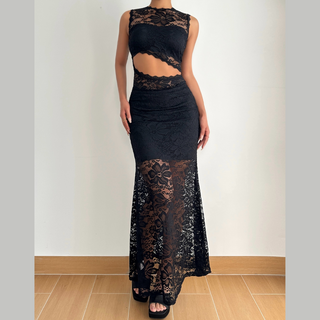 Sleeveless lace hollow out maxi skirt set