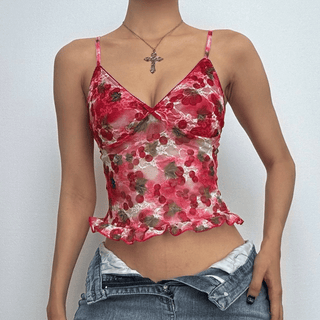 V neck flower print lace see through cami top