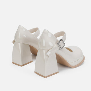 White Leather Chunky Heel Shoes