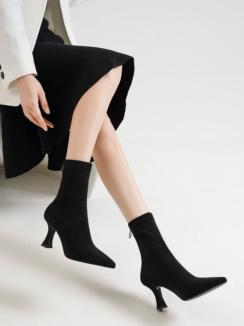 Trending Ankle Boots Black Elastic Slim High Heel Short Boots