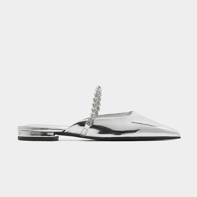 Low heel metallic-coated mules