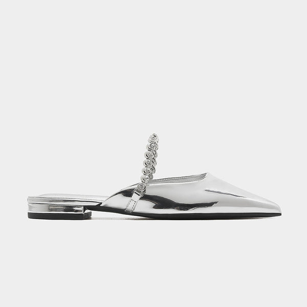 Low heel metallic-coated mules