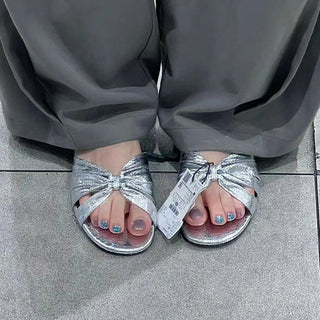 Thin strap leopard flower knot flat slippers
