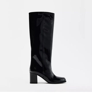 High-heeled over the knee semi patent boot