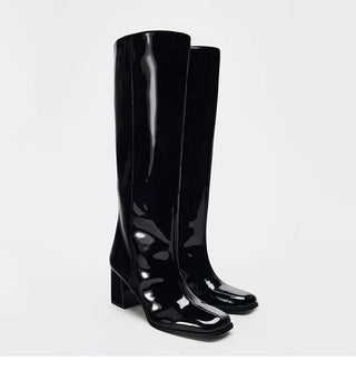 High-heeled over the knee semi patent boot