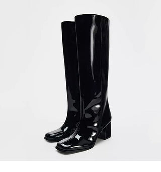 High-heeled over the knee semi patent boot