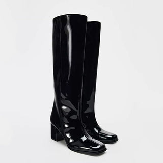 High-heeled over the knee semi patent boot