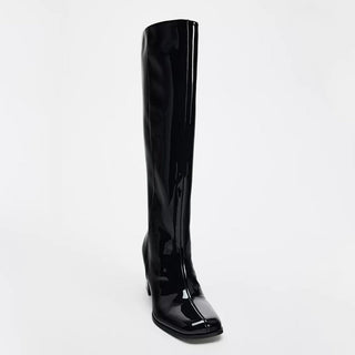 High-heeled over the knee semi patent boot