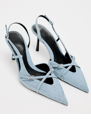 Pointed toe thin strap high heel mules