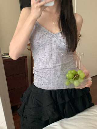 small floral ribbon V neck Top