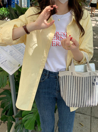 Solid Korean lapel loose long sleeved shirt