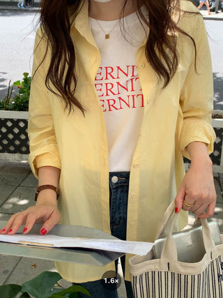 Solid Korean lapel loose long sleeved shirt