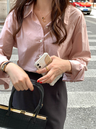 Solid Korean lapel loose long sleeved shirt