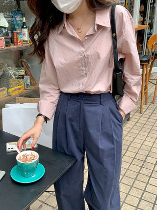 Solid Korean lapel loose long sleeved shirt