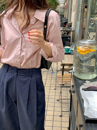 Solid Korean lapel loose long sleeved shirt