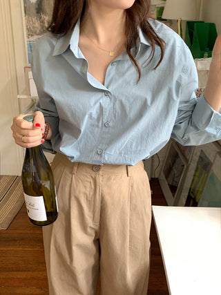 Solid Korean lapel loose long sleeved shirt