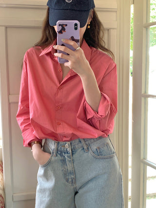 Solid Korean lapel loose long sleeved shirt