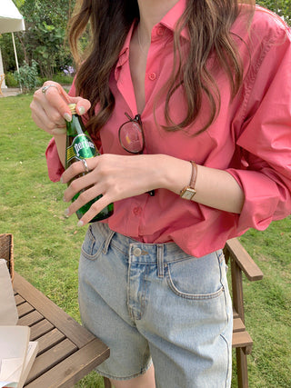 Solid Korean lapel loose long sleeved shirt