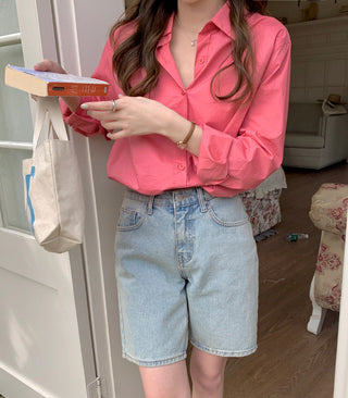 Solid Korean lapel loose long sleeved shirt