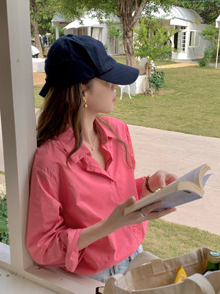 Solid Korean lapel loose long sleeved shirt