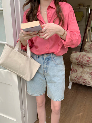 Solid Korean lapel loose long sleeved shirt