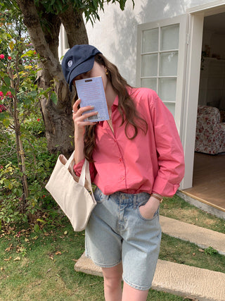 Solid Korean lapel loose long sleeved shirt