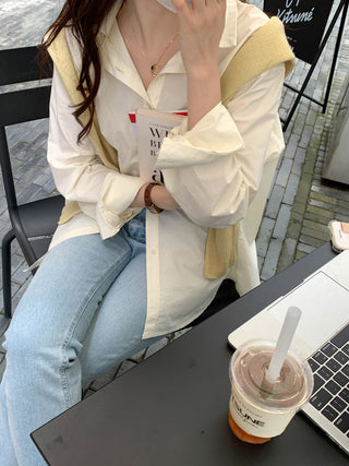 Solid Korean lapel loose long sleeved shirt