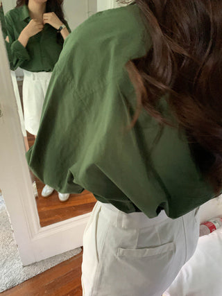 Solid Korean lapel loose long sleeved shirt