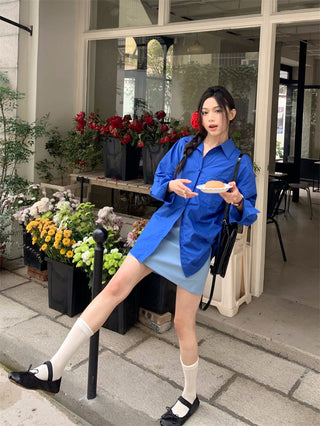 Retro lapel pocket embroidery shirt + high waisted A line skirt