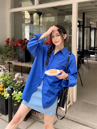 Retro lapel pocket embroidery shirt + high waisted A line skirt