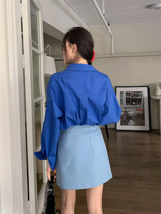 Retro lapel pocket embroidery shirt + high waisted A line skirt