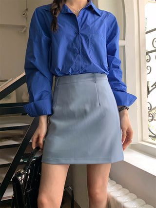 Retro lapel pocket embroidery shirt + high waisted A line skirt