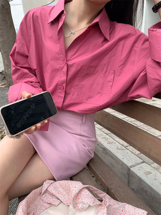 Retro lapel pocket embroidery shirt + high waisted A line skirt