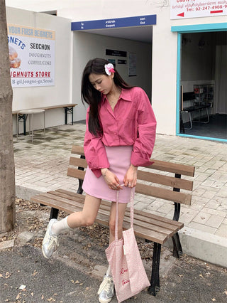 Retro lapel pocket embroidery shirt + high waisted A line skirt