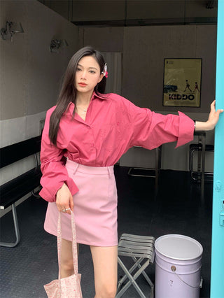Retro lapel pocket embroidery shirt + high waisted A line skirt
