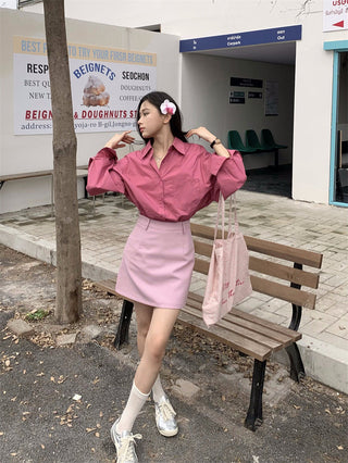 Retro lapel pocket embroidery shirt + high waisted A line skirt