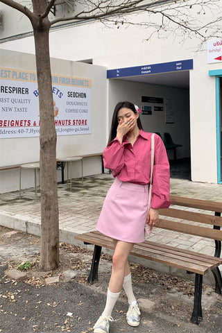 Retro lapel pocket embroidery shirt + high waisted A line skirt